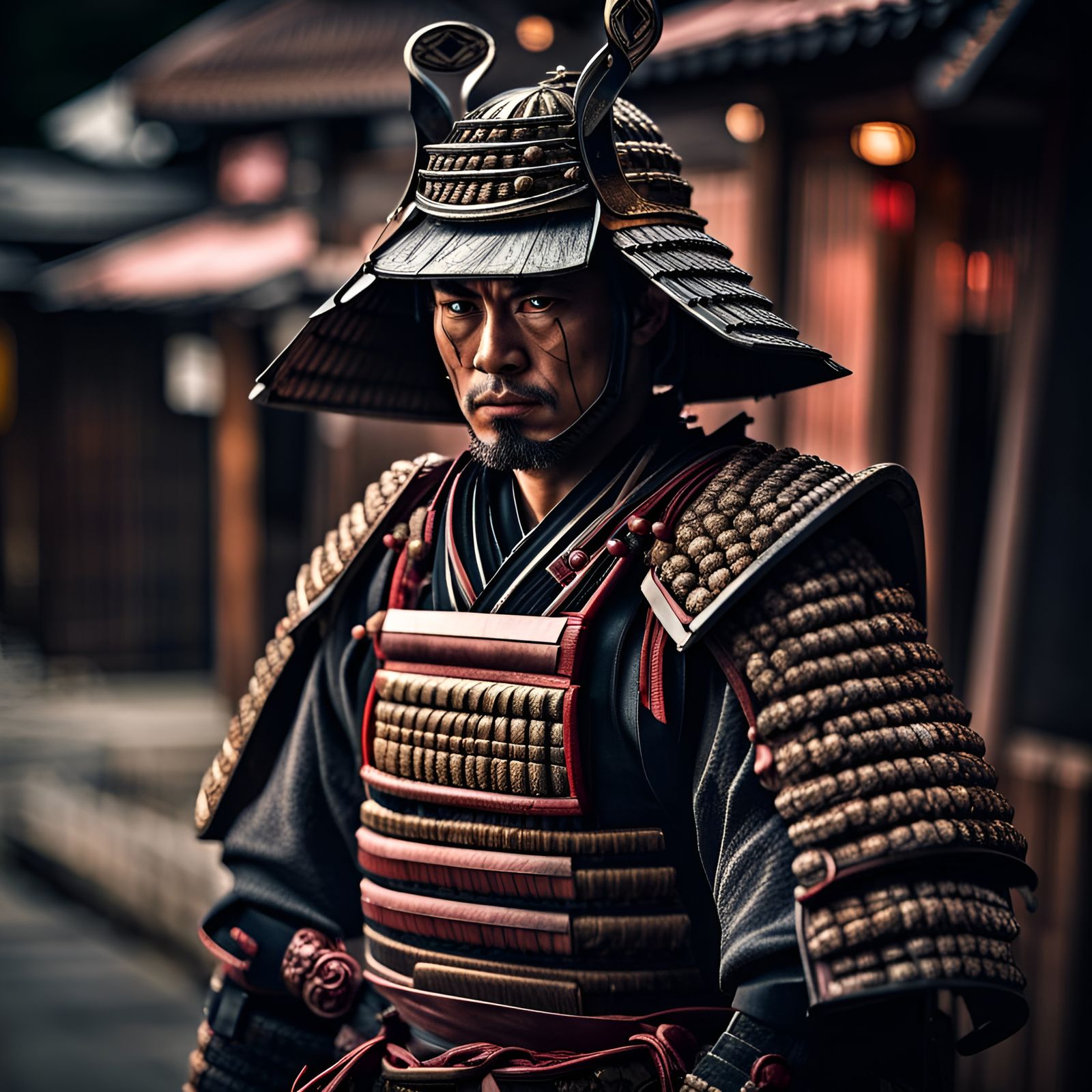 Samurai Warrior in Japanese Town: Hyperrealistic HDR