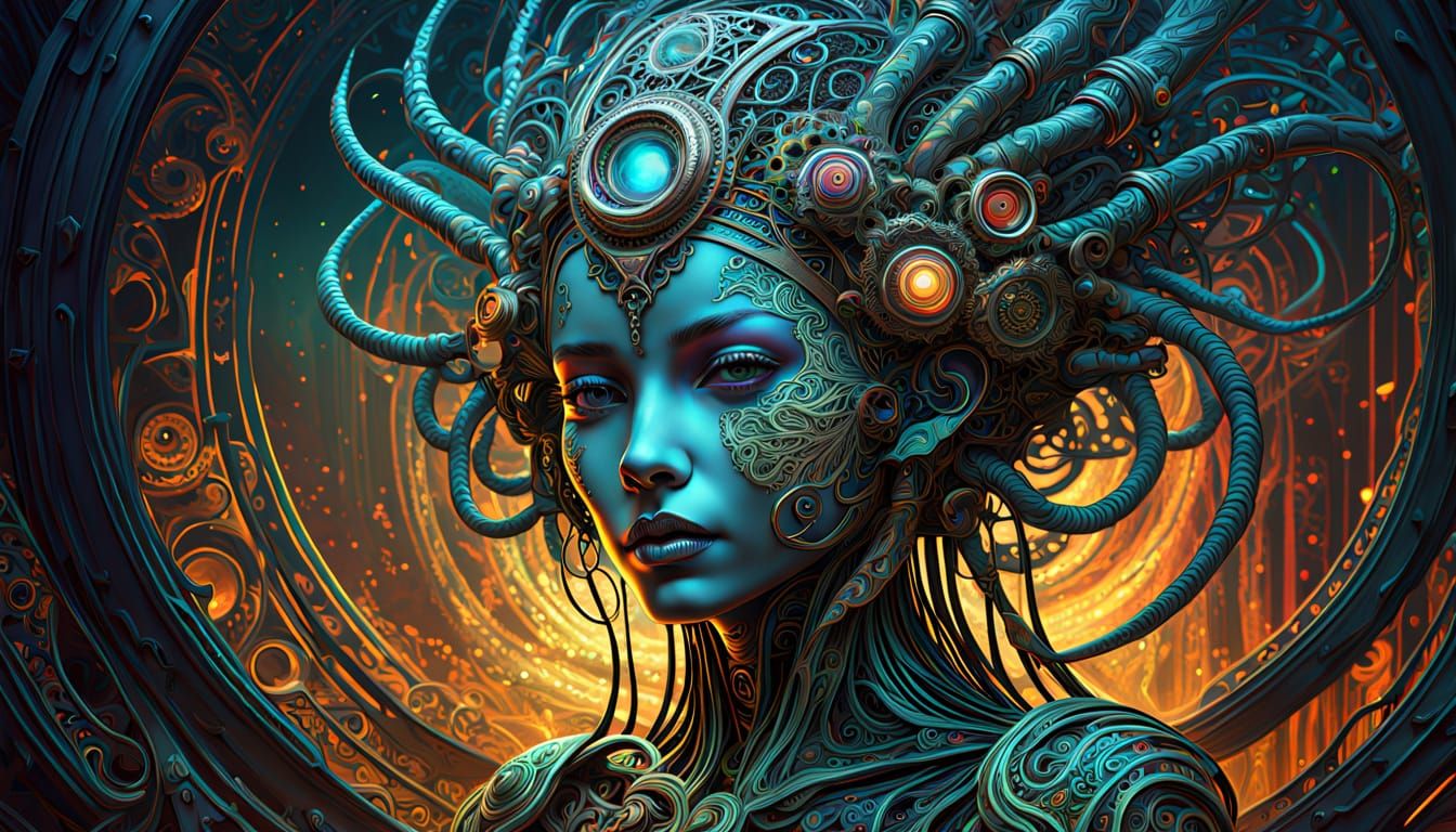 Cybernetic Woman Emerging From Mist in Digital Art Style