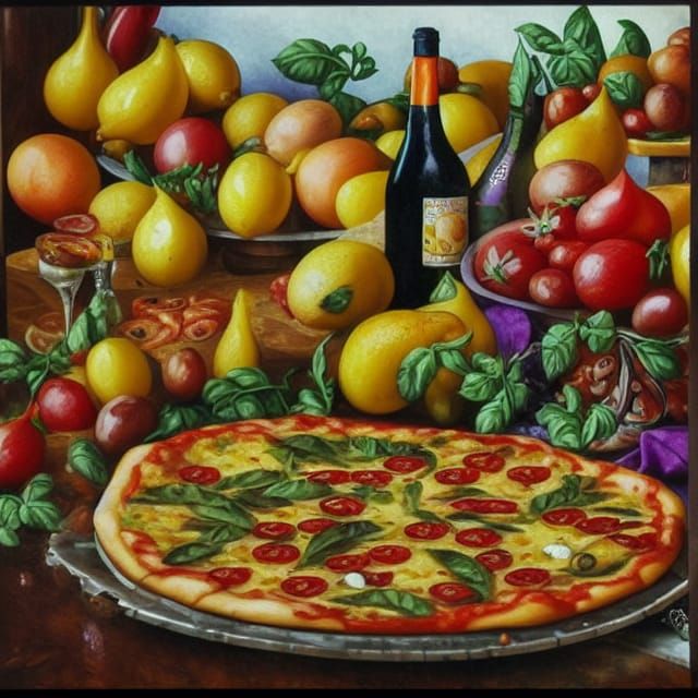 Pizza Feast in Italian Restaurant, Fantasy Art