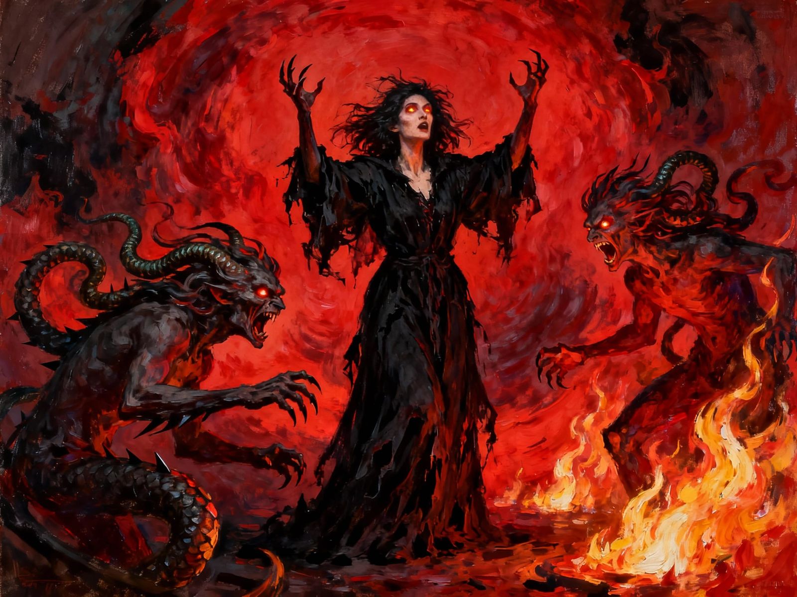 Expressionist Witch Summons Furies in Fiery Red Palette