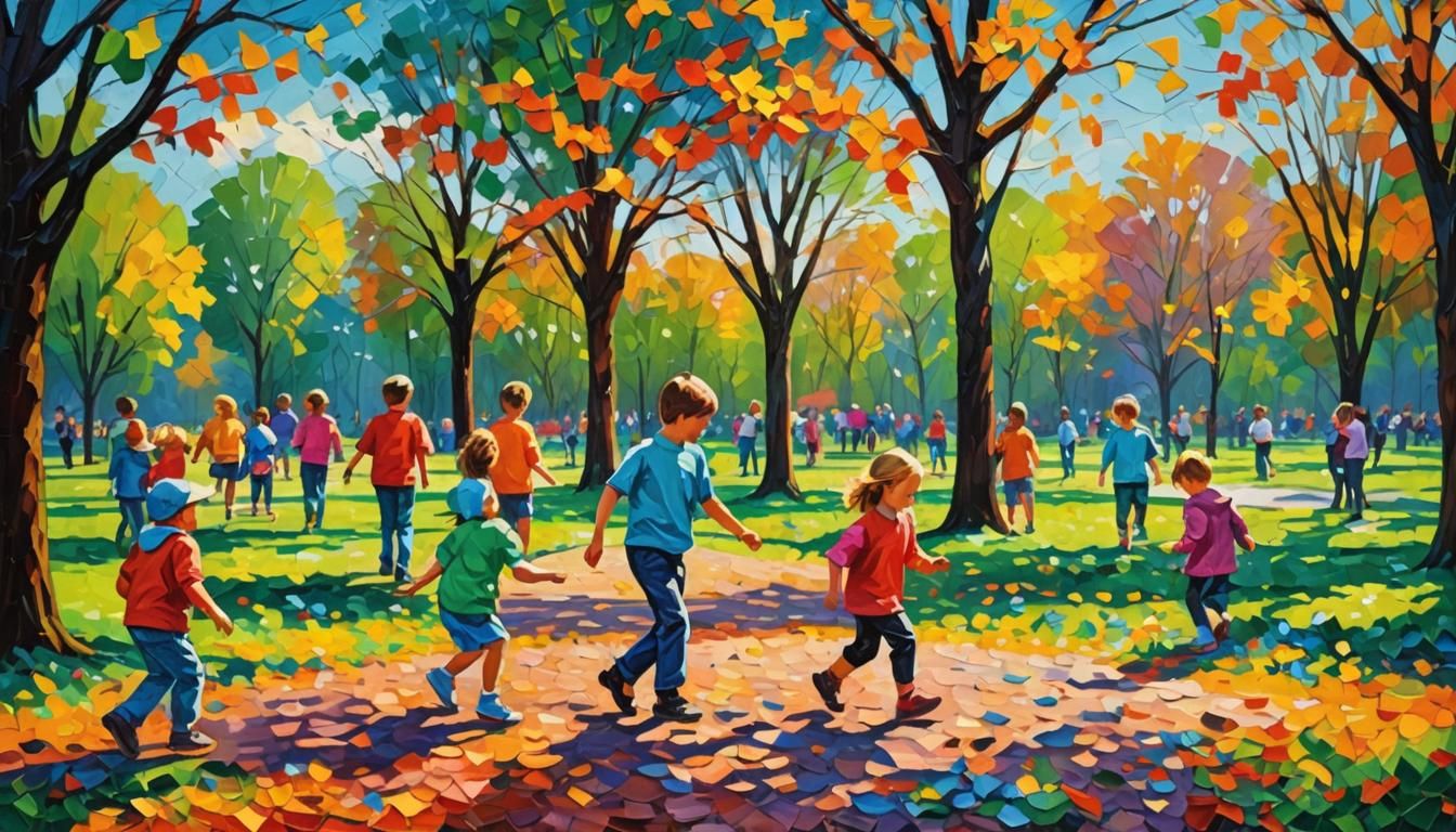 Children Playing: Vivid Impasto Painting in Park