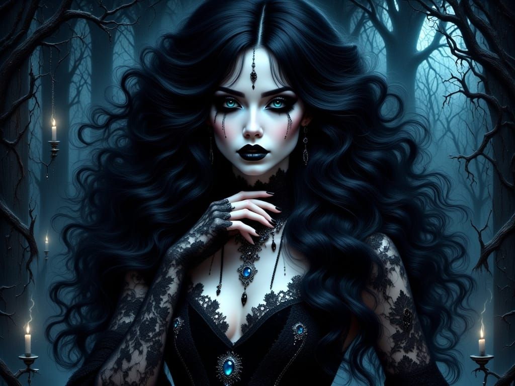 A woman with luminous, alabaster skin and cascading, raven h...