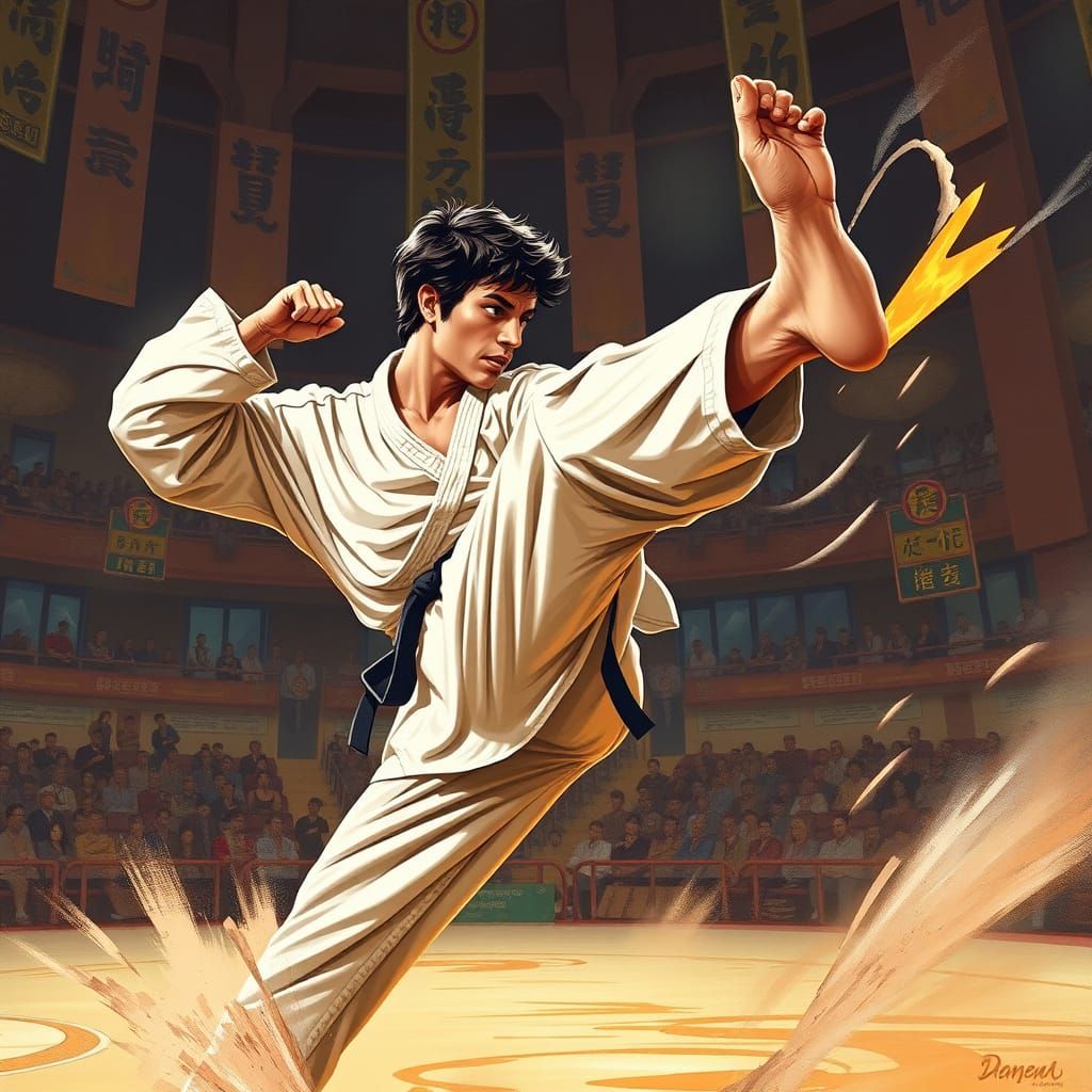 Dynamic Karate Kid Crane Kick in 80s Arena