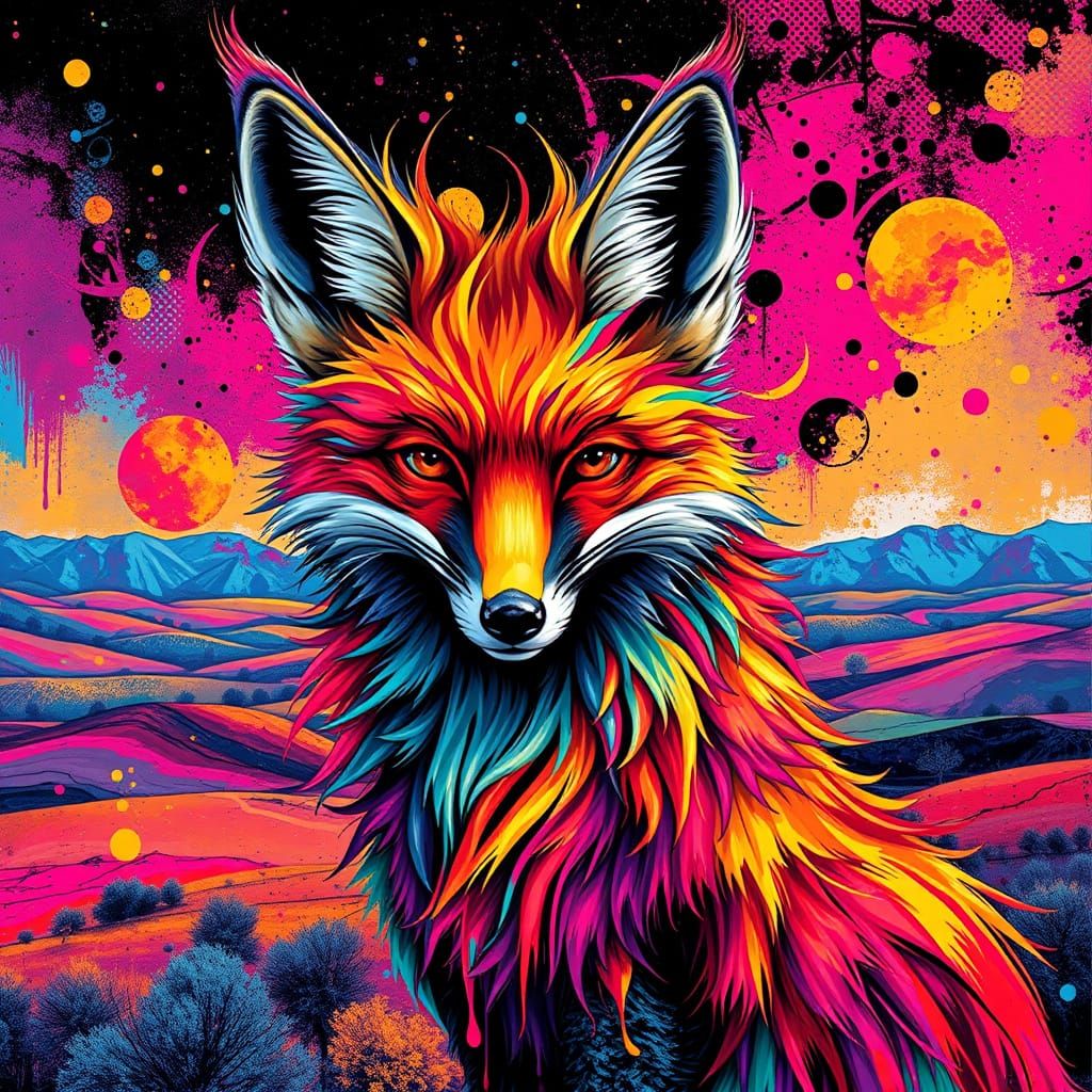 Vibrant Fox in Kaleidoscopic Urban Landscape