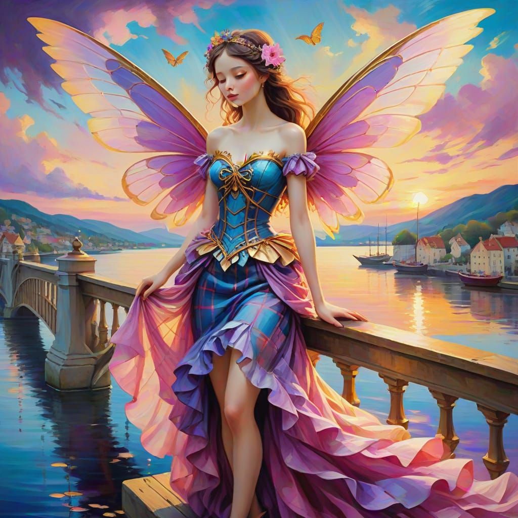Whimsical Fantasy Fairy in a Vibrant Sunset Scene