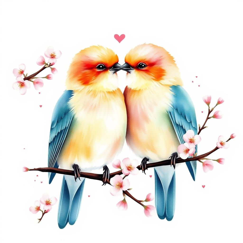 Pastel Love Birds on Cherry Branch as Watercolour