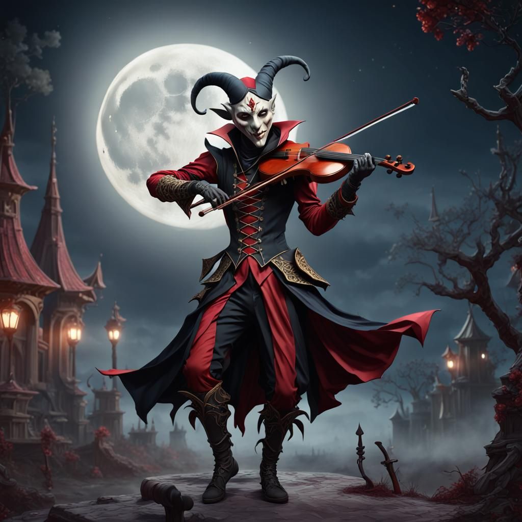 Dark Assassin Playing Violin Under Full Moon