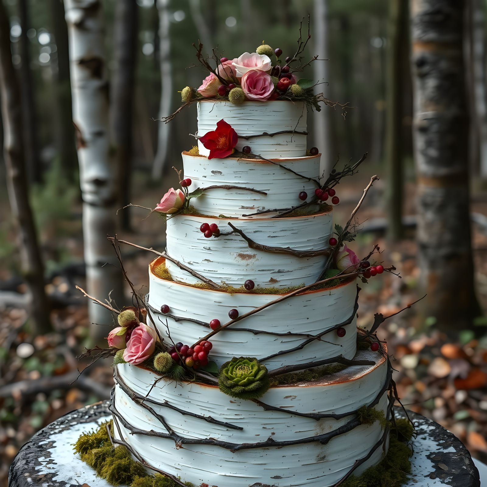 Hyperrealistic Forest Wedding Cake with Aspen Bark