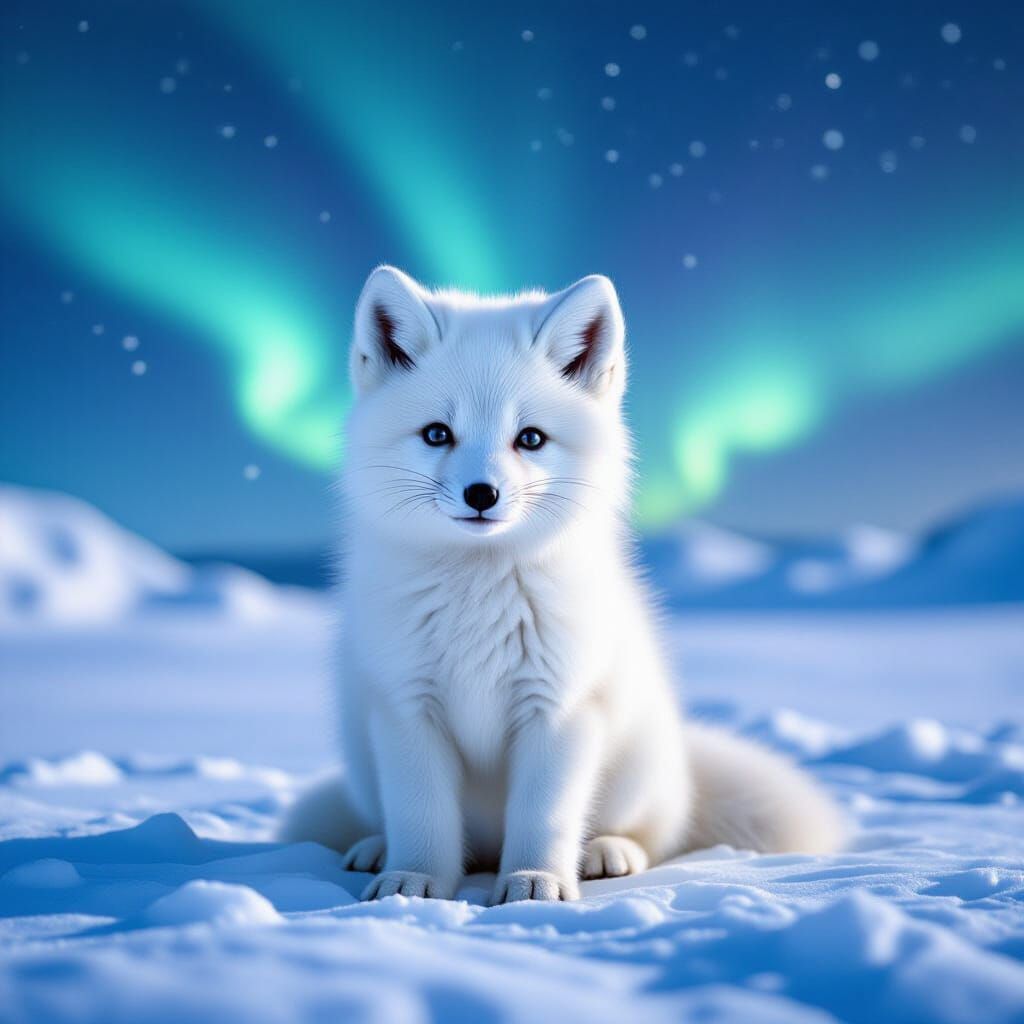 Arctic Fox Puppy Under Aurora Borealis