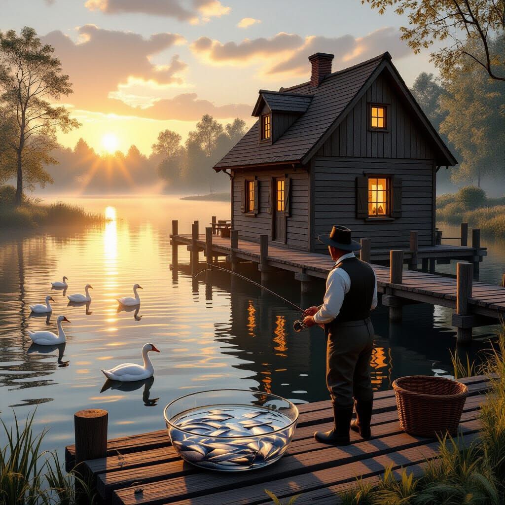 Serene Early Morning Fishing Scene with Cozy Pier House