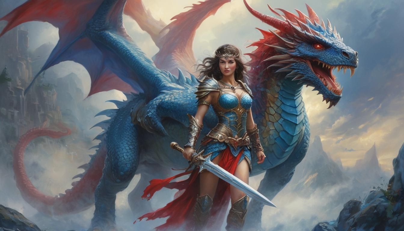 Warrior Woman and Dragon in Watercolour Style