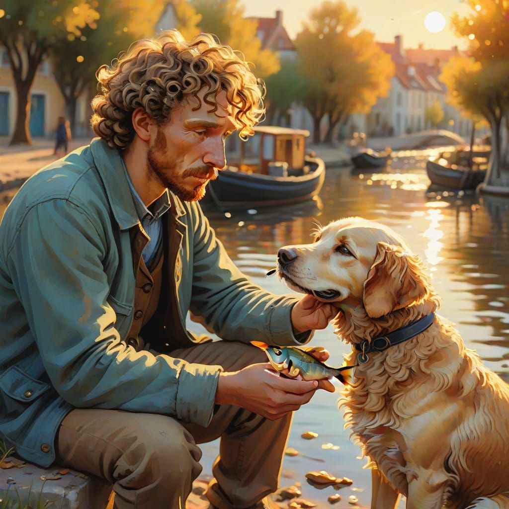 Gentle Man Feeds Stray Dog a Fish in a Heartwarming Cartoon
