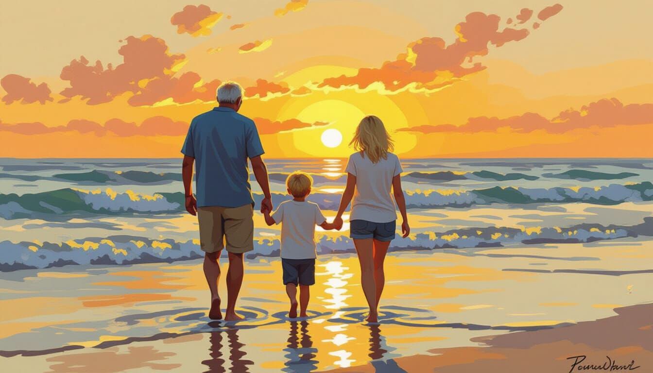 Family Sunset Walk in Impressionistic Style