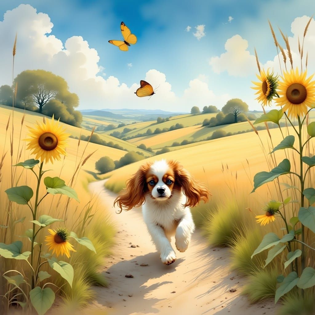 Spaniel Puppy Chasing Butterfly in Idyllic Countryside