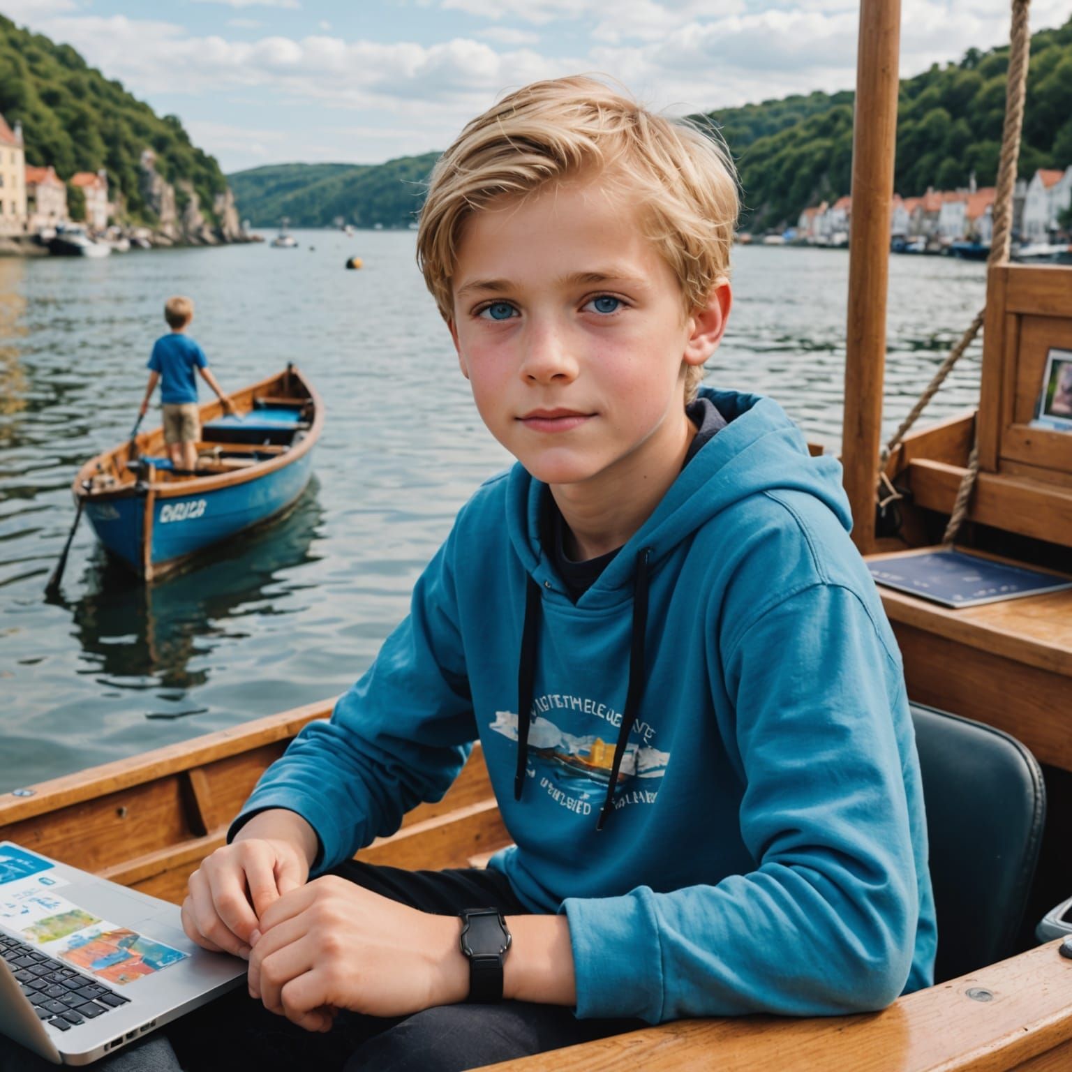 Boy in Boat Contemplates Art, Sunset Colors