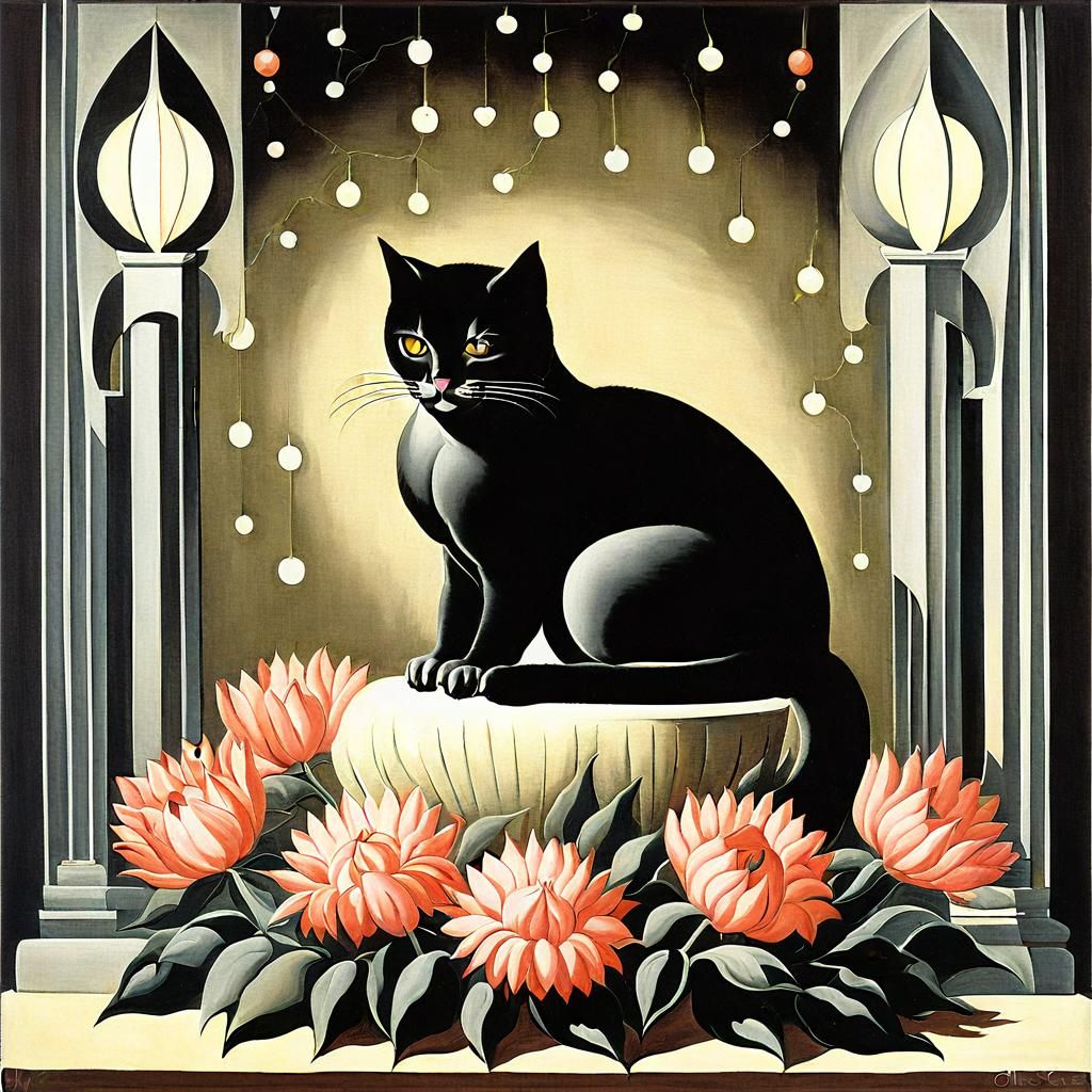Cute Cat Surrounded by Flowers in Surrealist Style