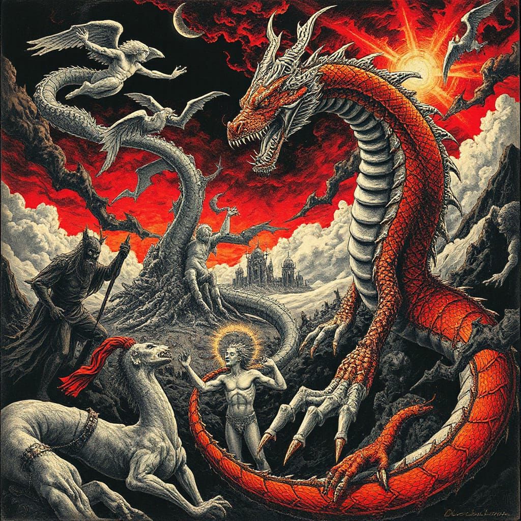 Serpentine Dragon Coiling in Apocalyptic Landscape
