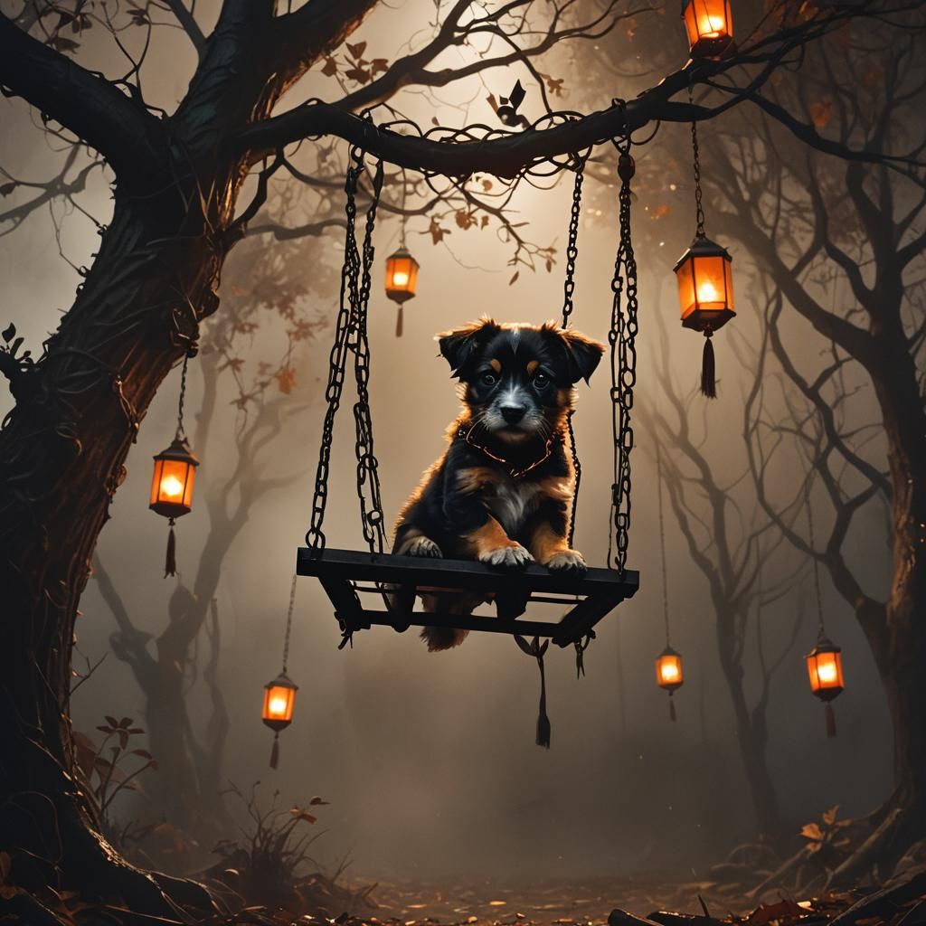 Ominous Puppy on a Swing: Dark Fantasy Concept
