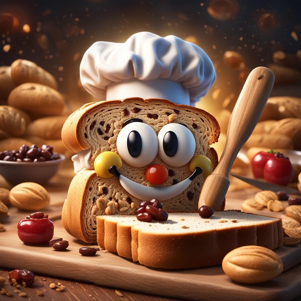 Chef Bread Slice with Smiley Face, Detailed Painting
