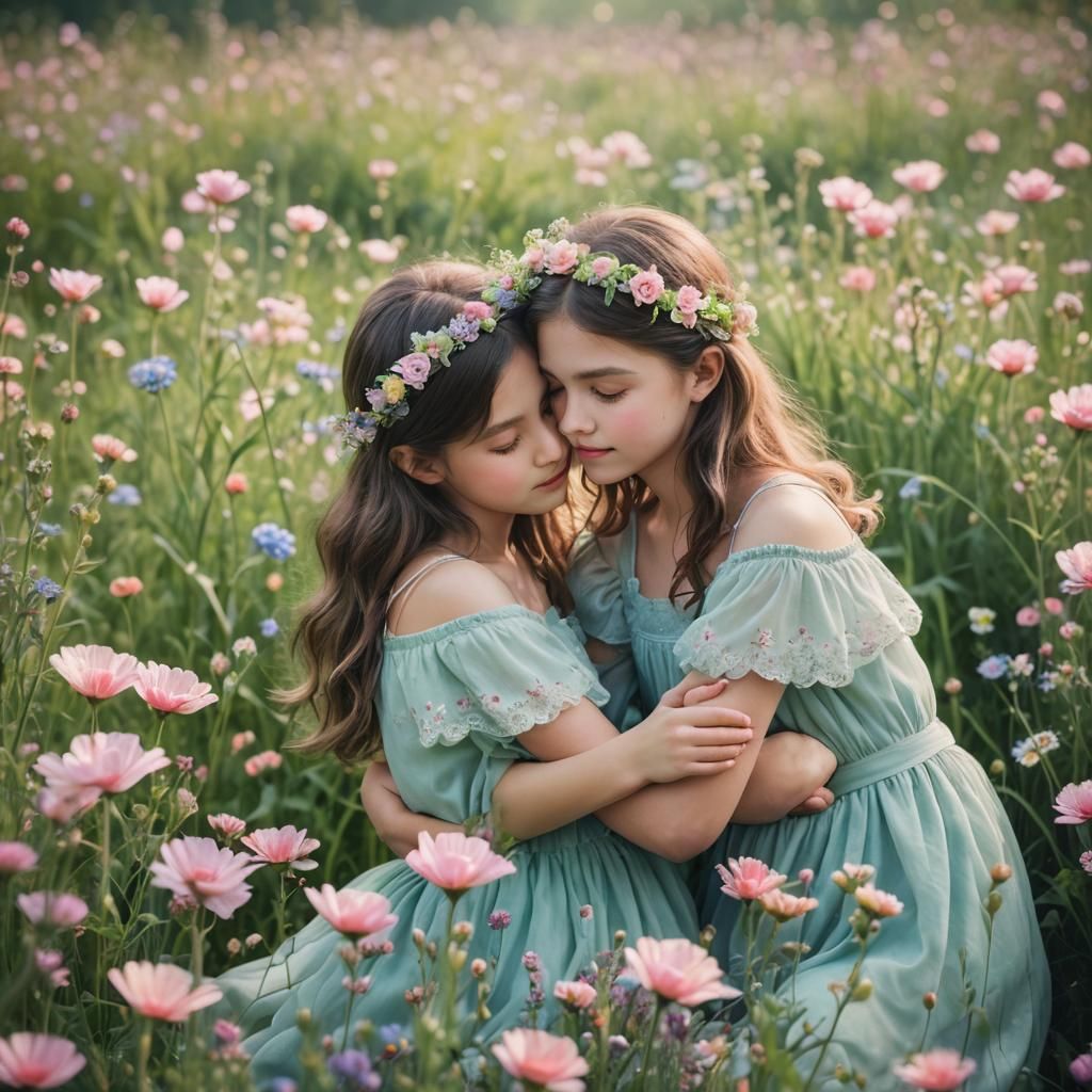Dreamy Meadow Embrace: Pastel Colors and Soft Focus