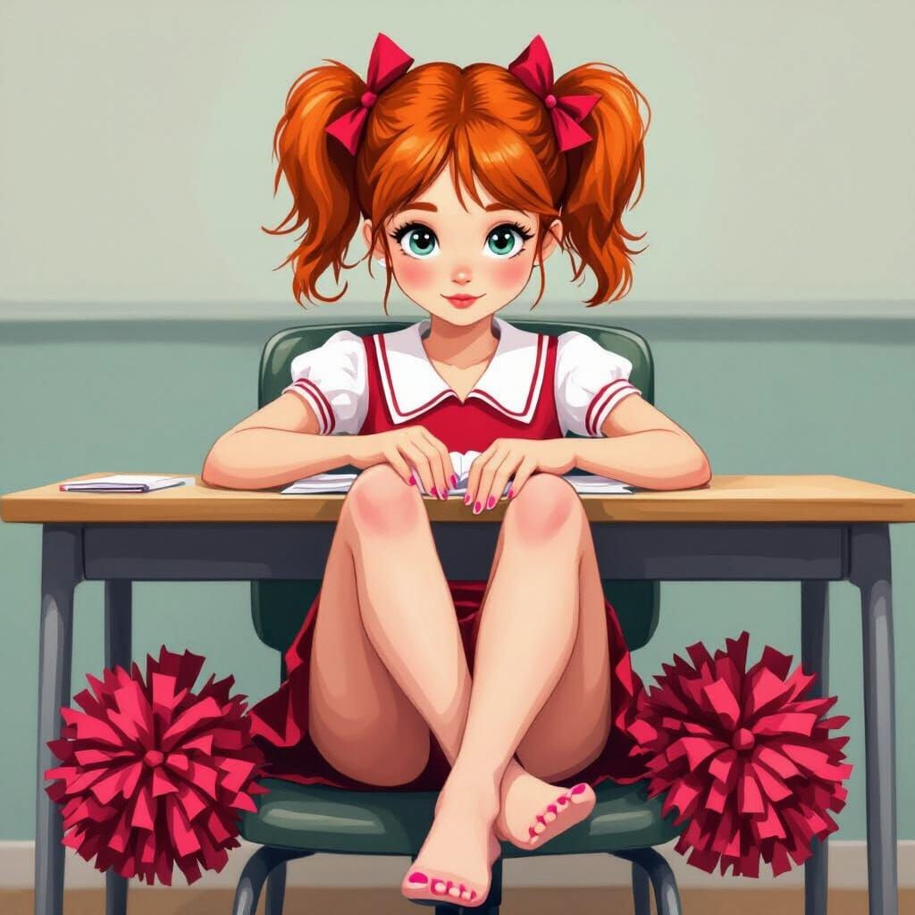 Red Haired Cheerleader with Pigtails at Desk
