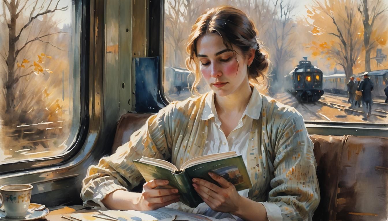Impressionist Woman Reading on Train