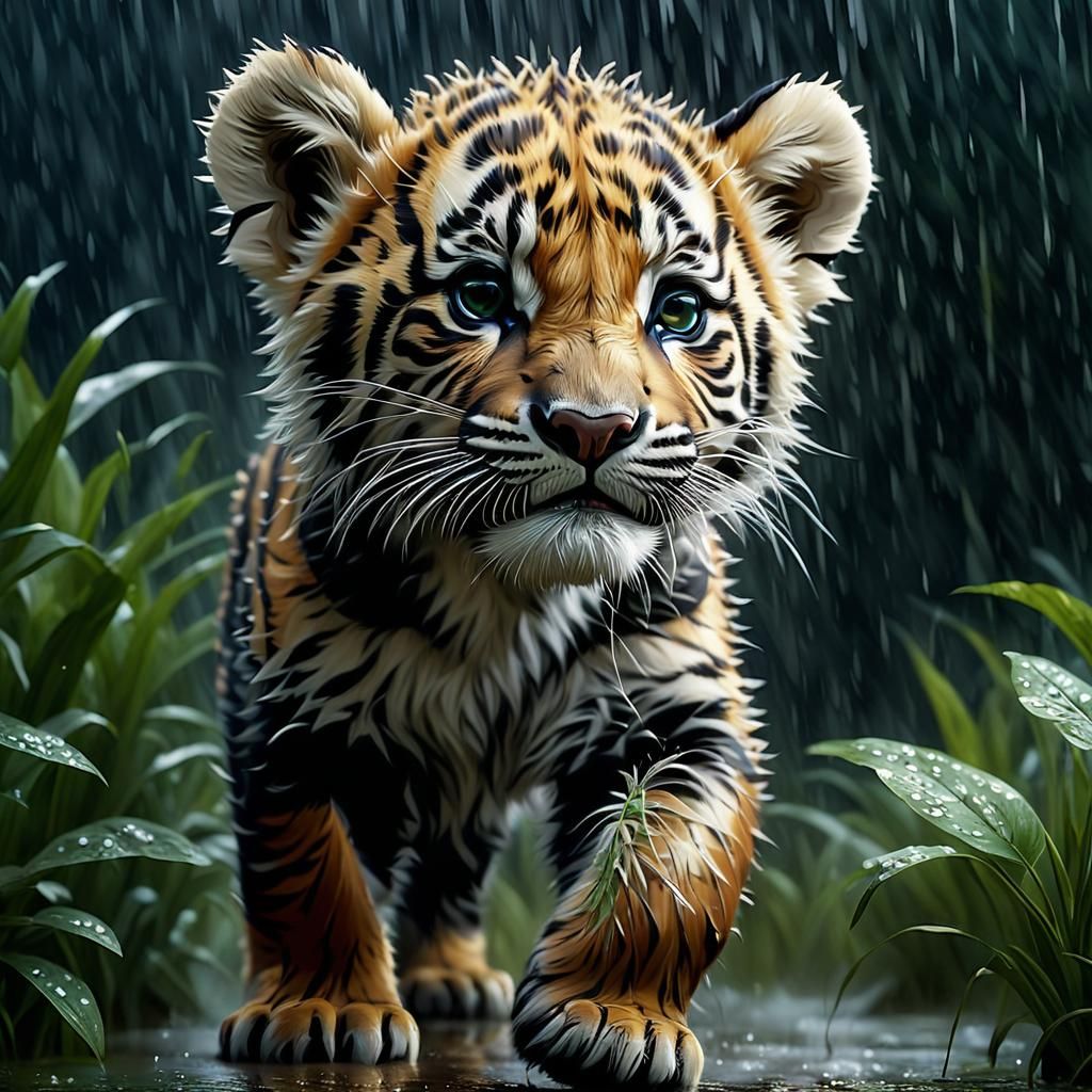Hyperrealistic Tiger Cub in Rain, Detailed Painting