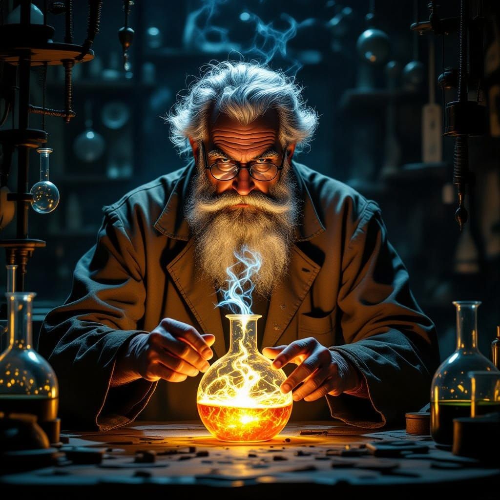 Mad Scientist's Unholy Creation in Dramatic Oil Painting Sty...