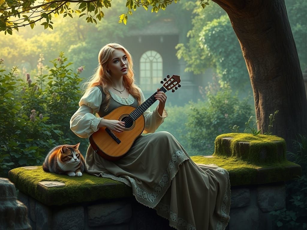 Tudor Woman Plays Lute in Ethereal Garden
