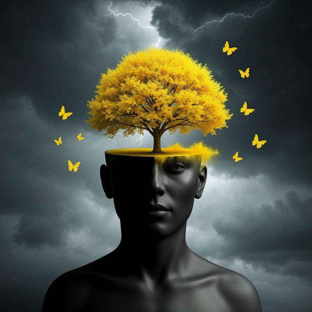 Surrealist Autumn Head Filled With Yellow Powder and Butterf...