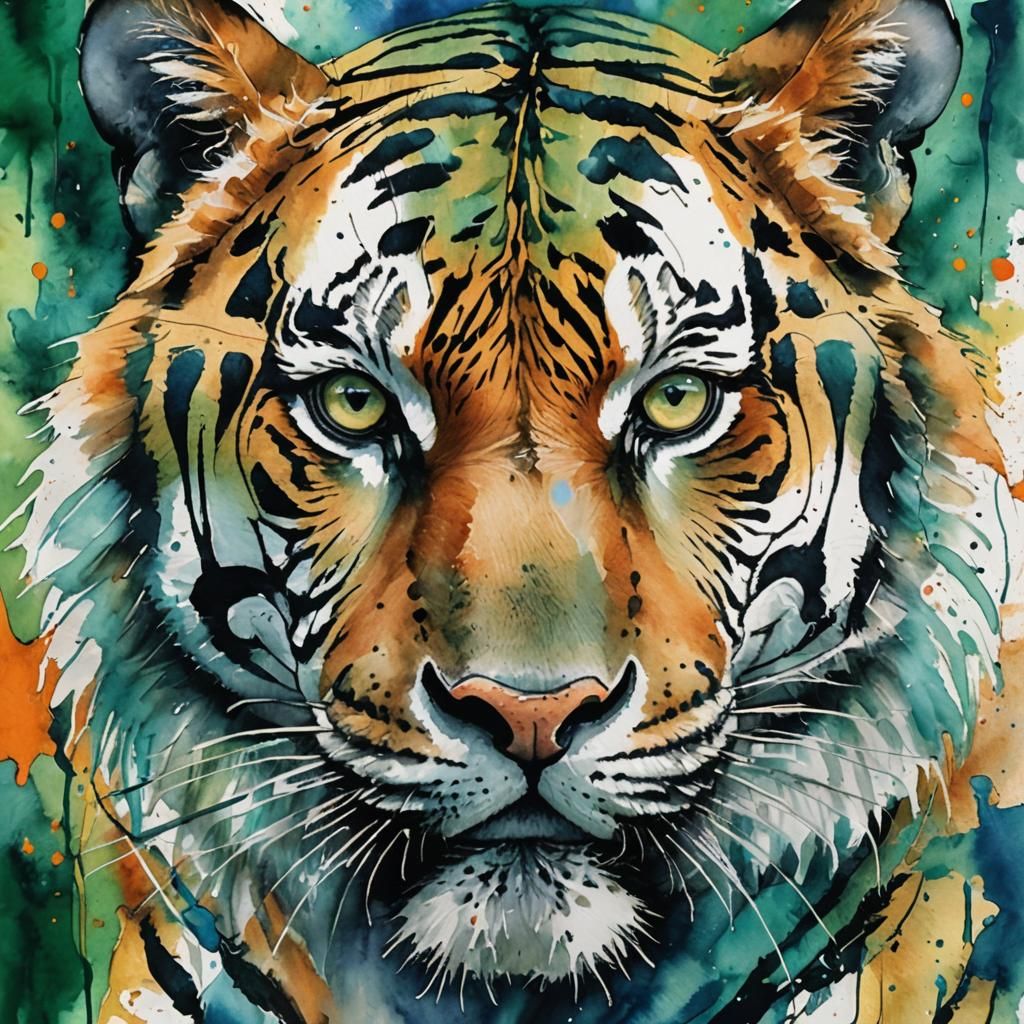 Majestic Tiger Portrait in Vibrant Watercolor Style