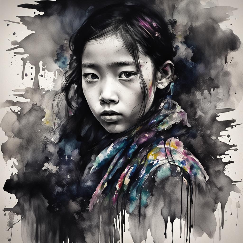Monochrome Girl Portrait with Gaudy Watercolor Overpainting