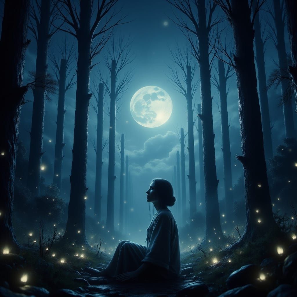 Contemplative Woman in Misty Forest, Anime Concept Art