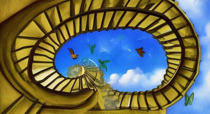 Surreal Staircase to the Sky with Eye and Faces