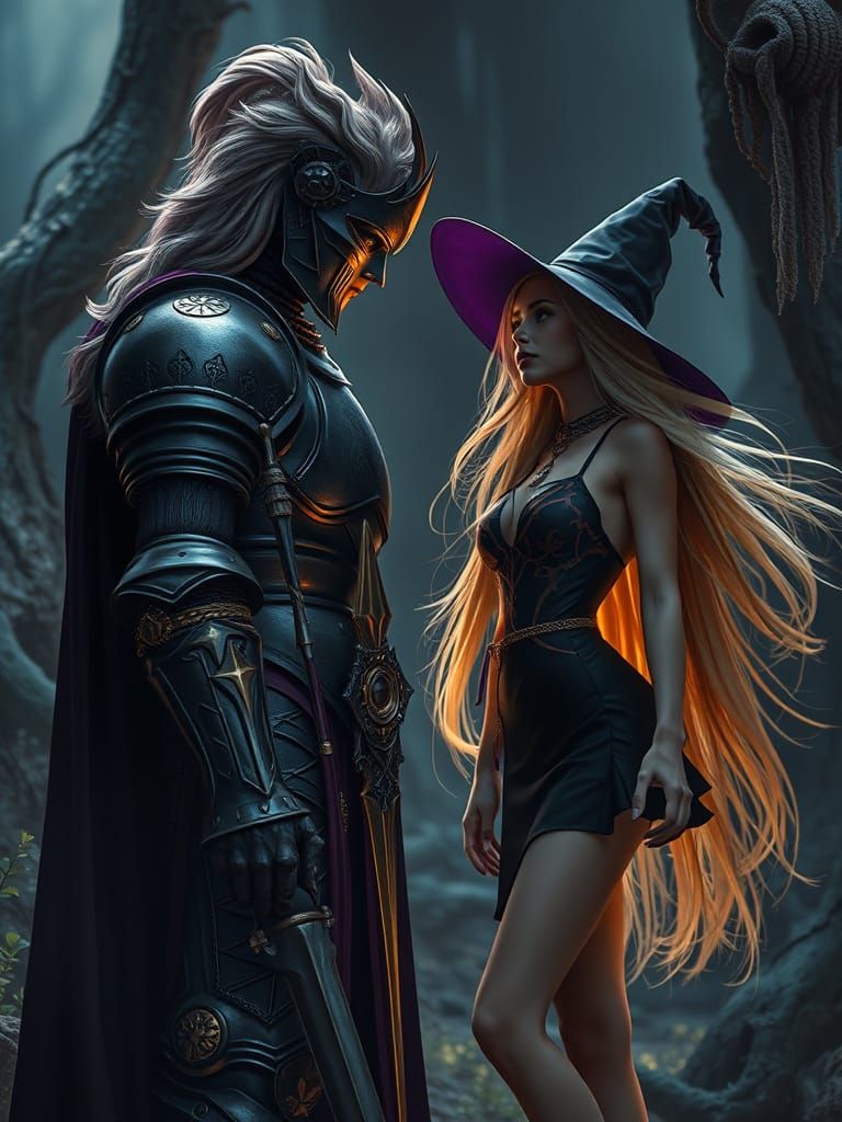 Knight and Witch Meeting in Dark Fantasy Style