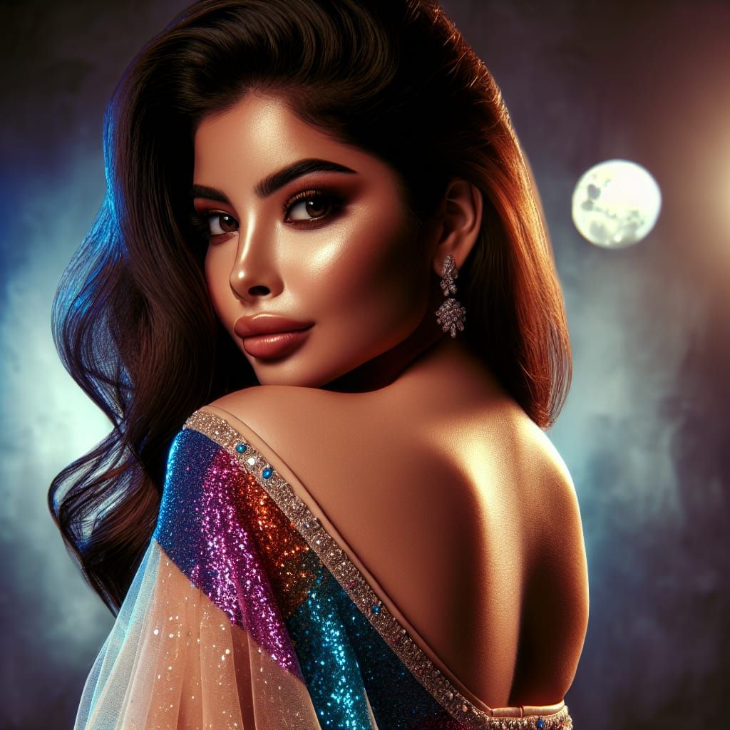 Hispanic Woman in Rainbow Saree with Moonlit Backdrop
