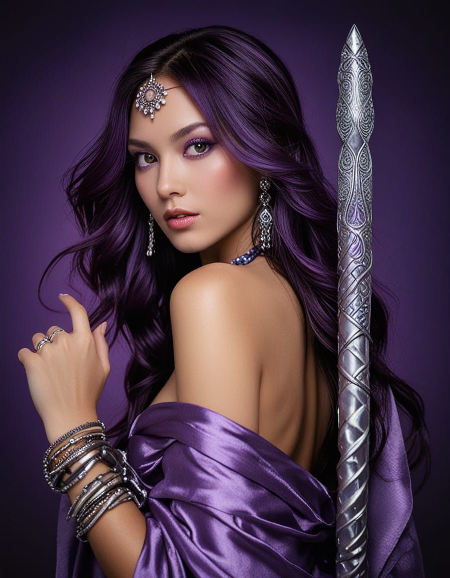 Japanese Warrior Princess with Glowing Staff, Purple Hair & ...
