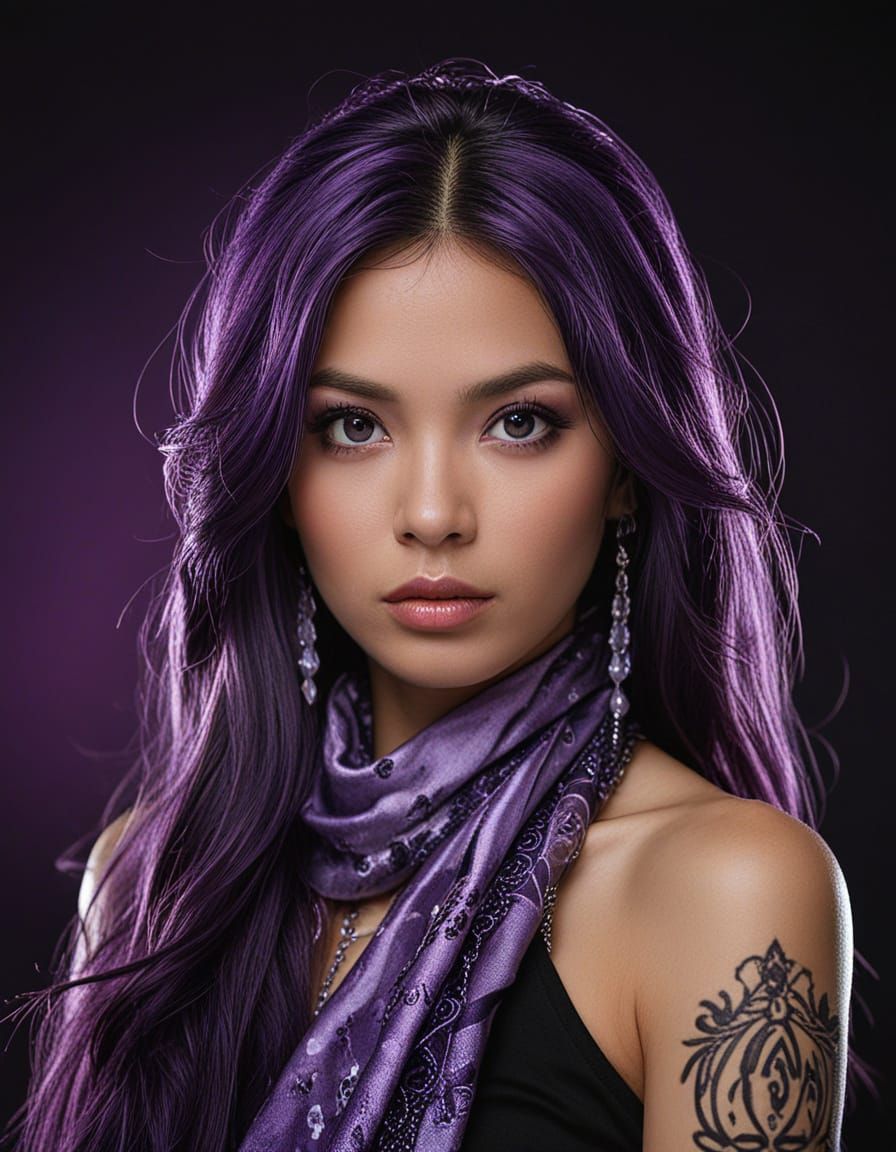 Japanese Warrior Princess with Glowing Staff and Purple Hair