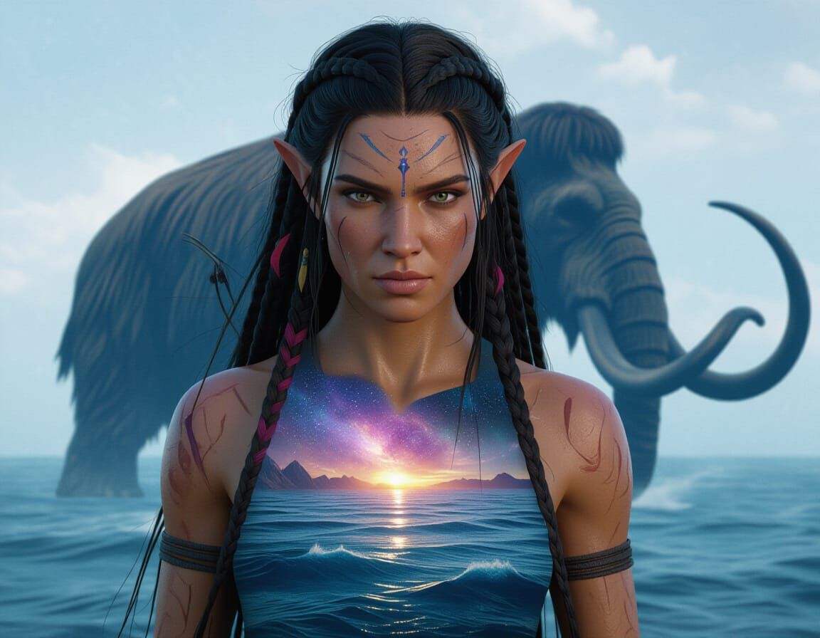 Neanderthal Fairy in Cosmic Seascape, Digital Art