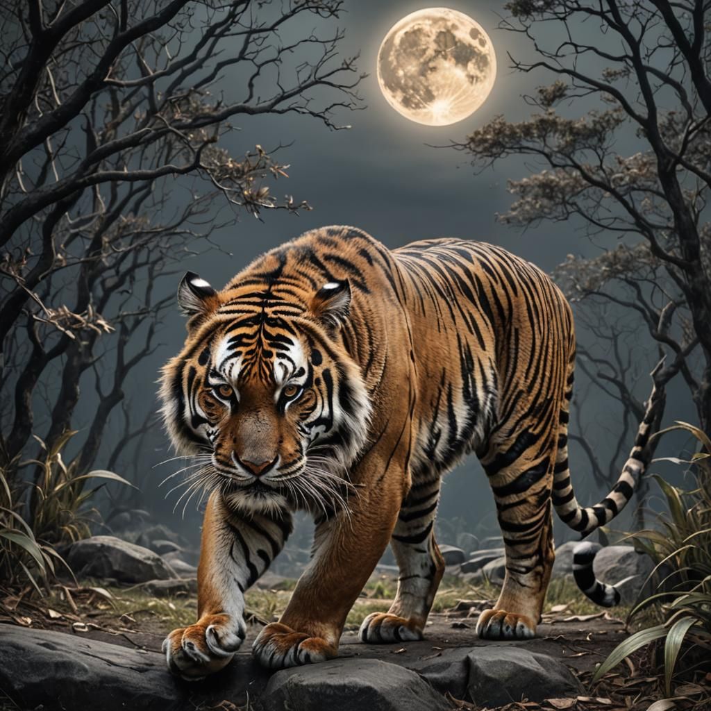 Hyperrealistic Tiger Roars at the Moon