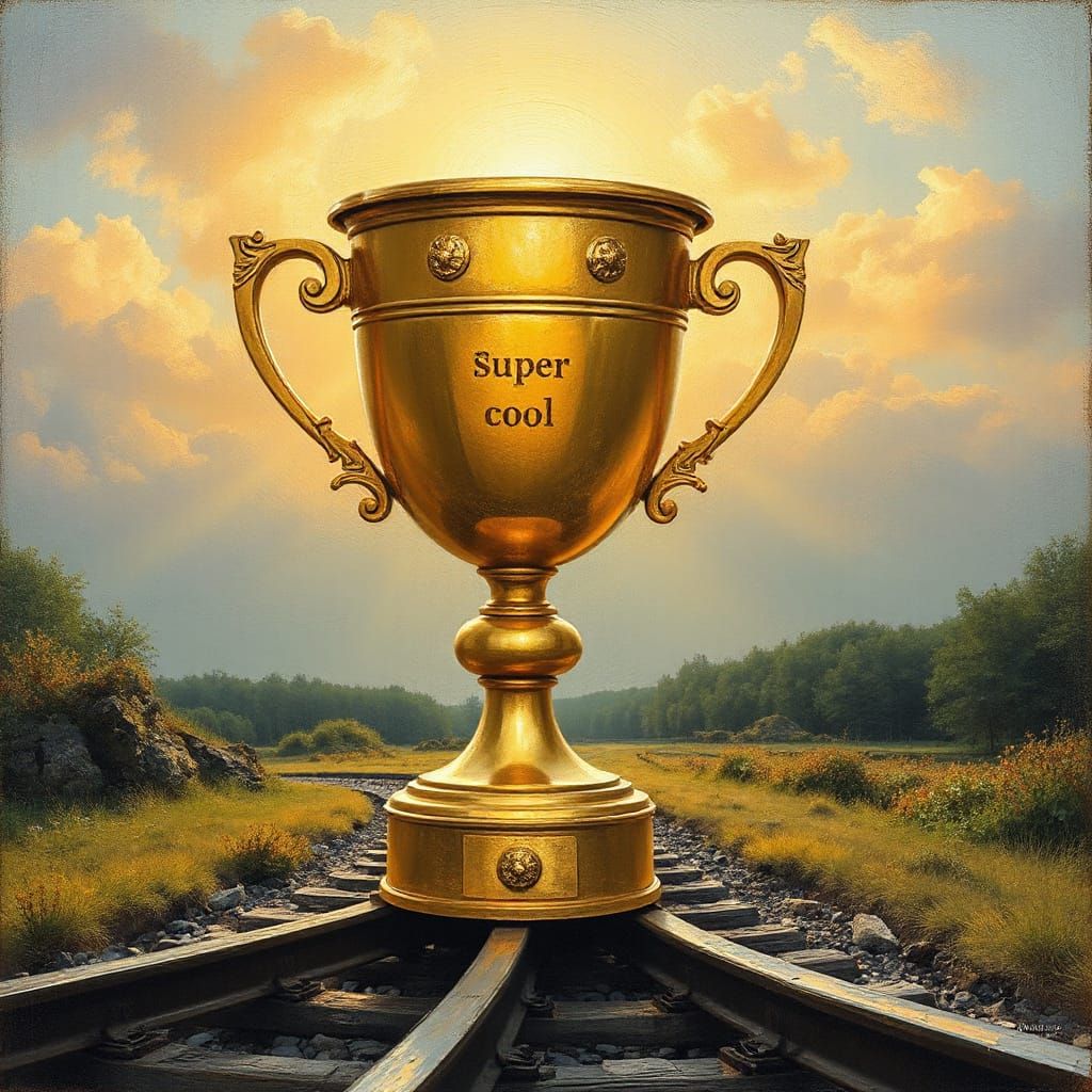 Surreal Olieverf Painting of a Woman Holding a Golden Trophy...