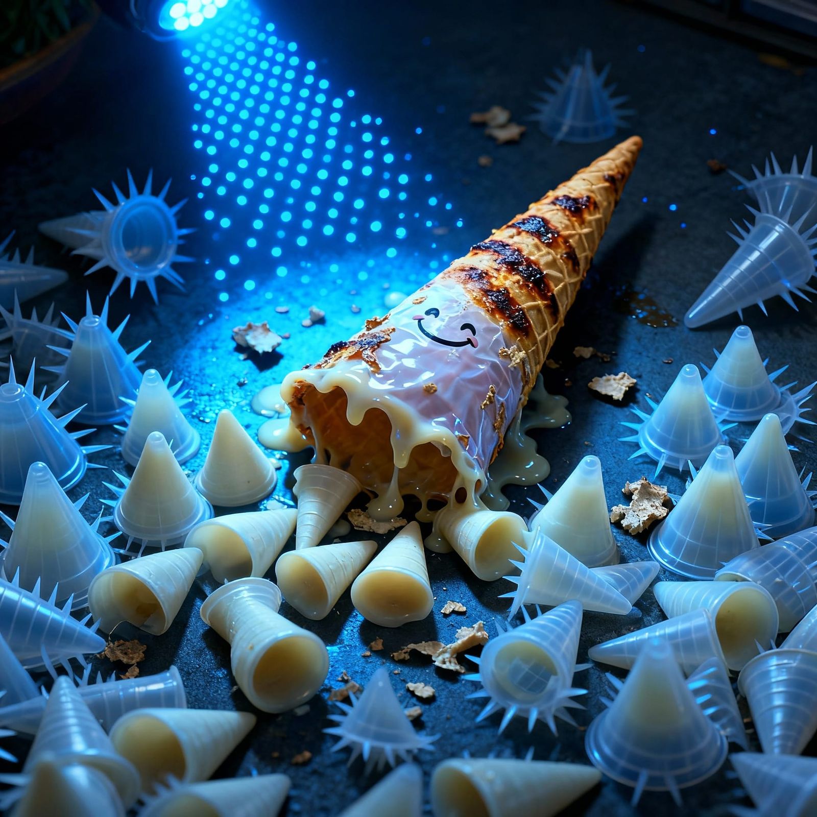 Char Grilled Glass Cone Melting into Plastic Flakes