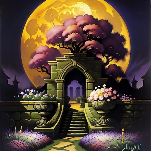A FANTASY garden WALL with flowers in full bloom under a FULL-MOON. JULIE BELL, FRANK FRAZETTA