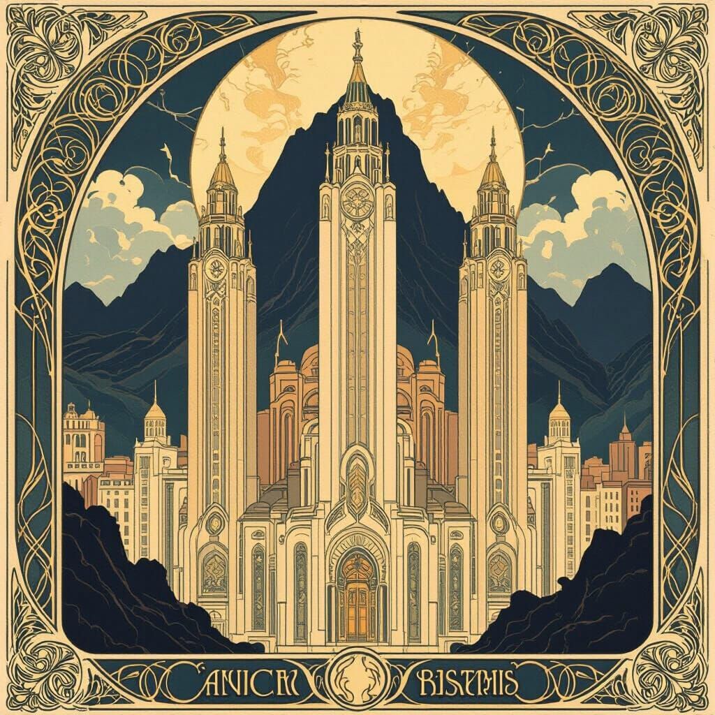 Elegant Cityscape with Towers in Art Nouveau Style