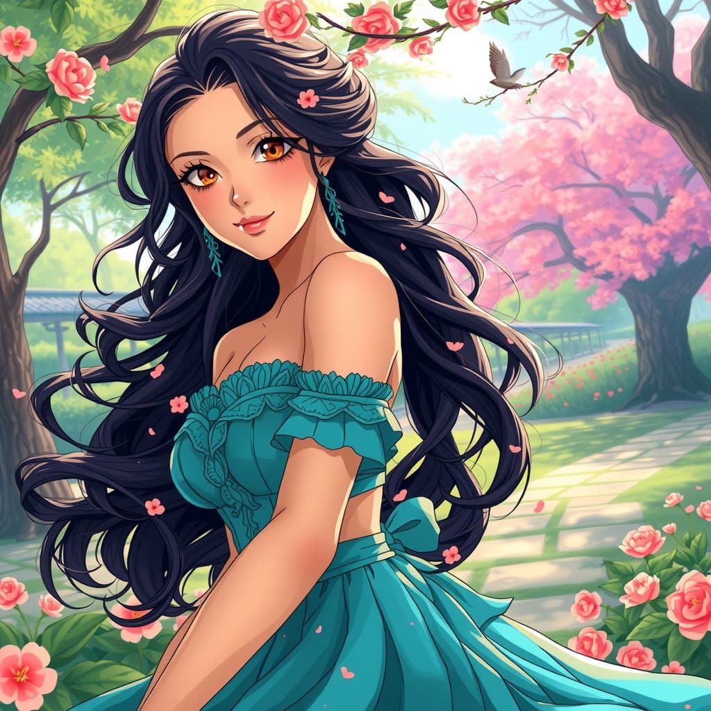 Vibrant Anime-Inspired Woman in Teal Outfit Under Japanese S...