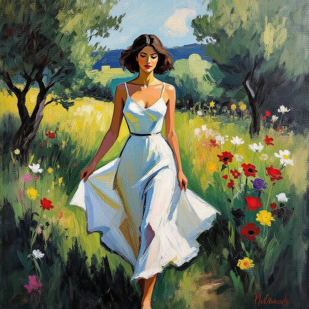 Woman in Wildflowers as Impasto Painting