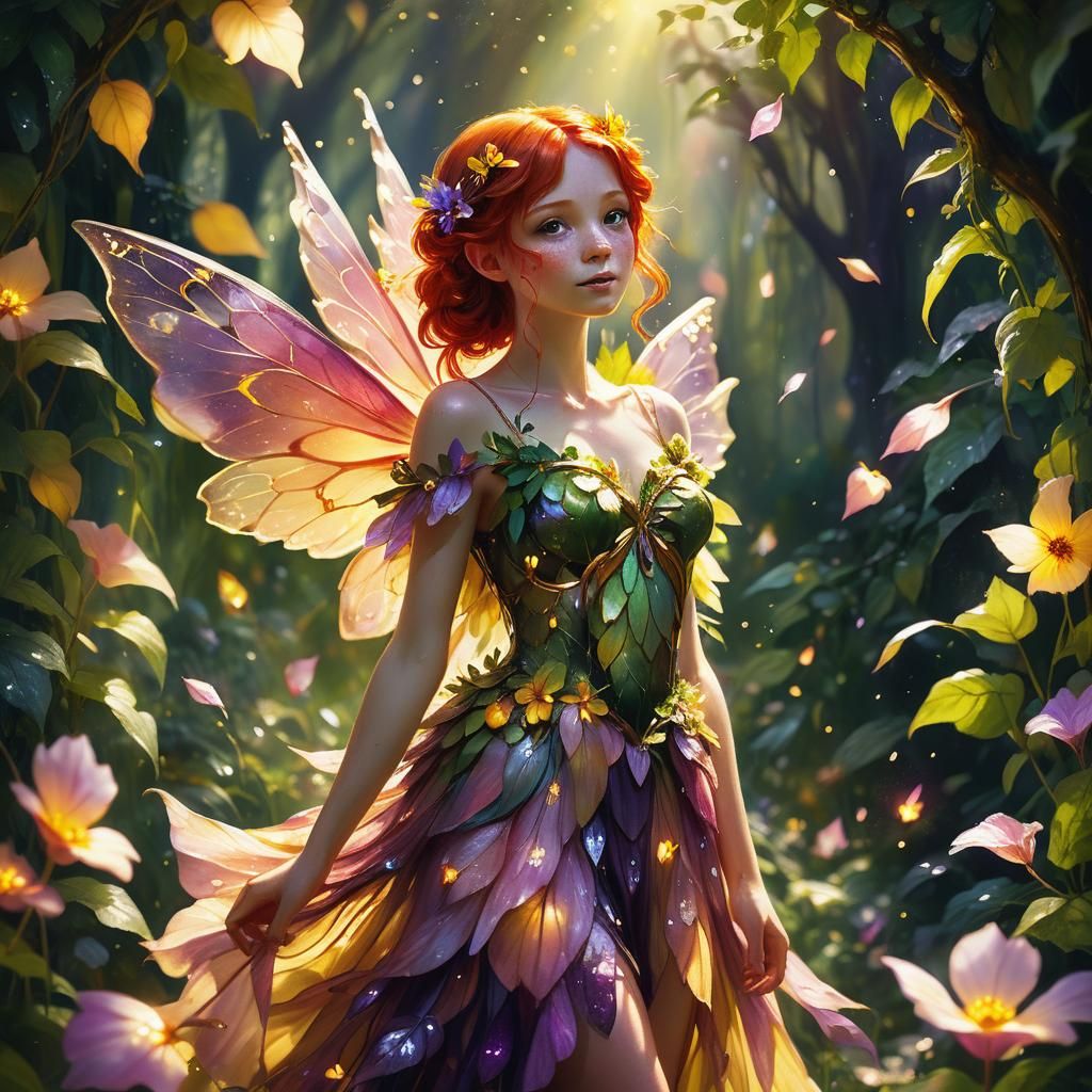 Red-Headed Fairy in Lush Greenery, Art Nouveau Style