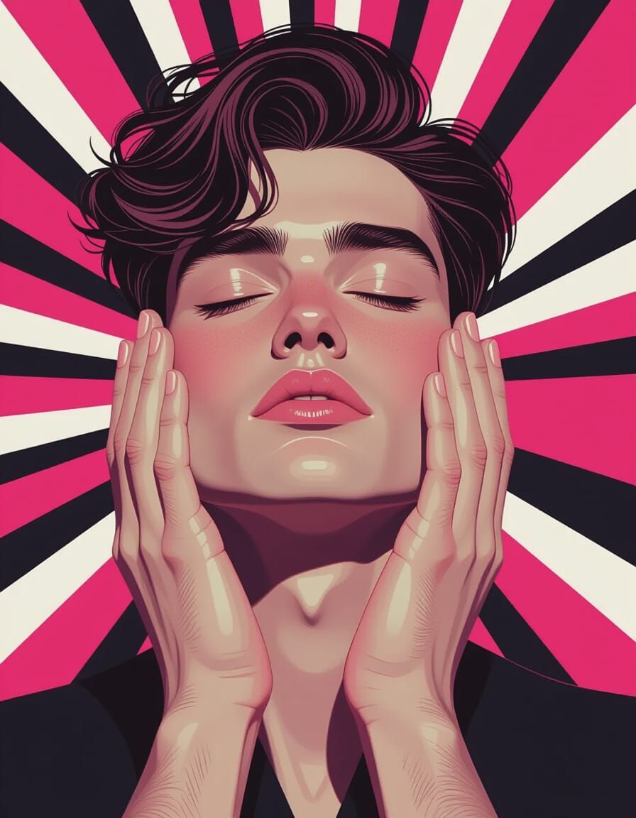 Monochrome Portrait with Pink Hands, Dynamic Lighting