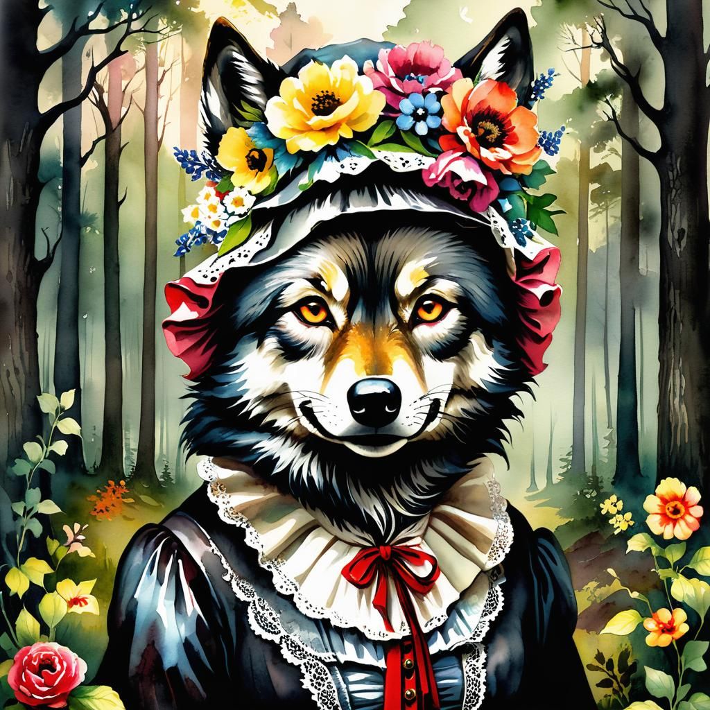 Watercolor Wolf Grandma in Spooky Forest Setting