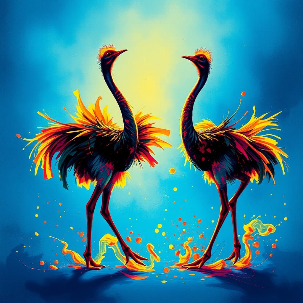 Dancing Ostriches in Futuristic Ink Splashes